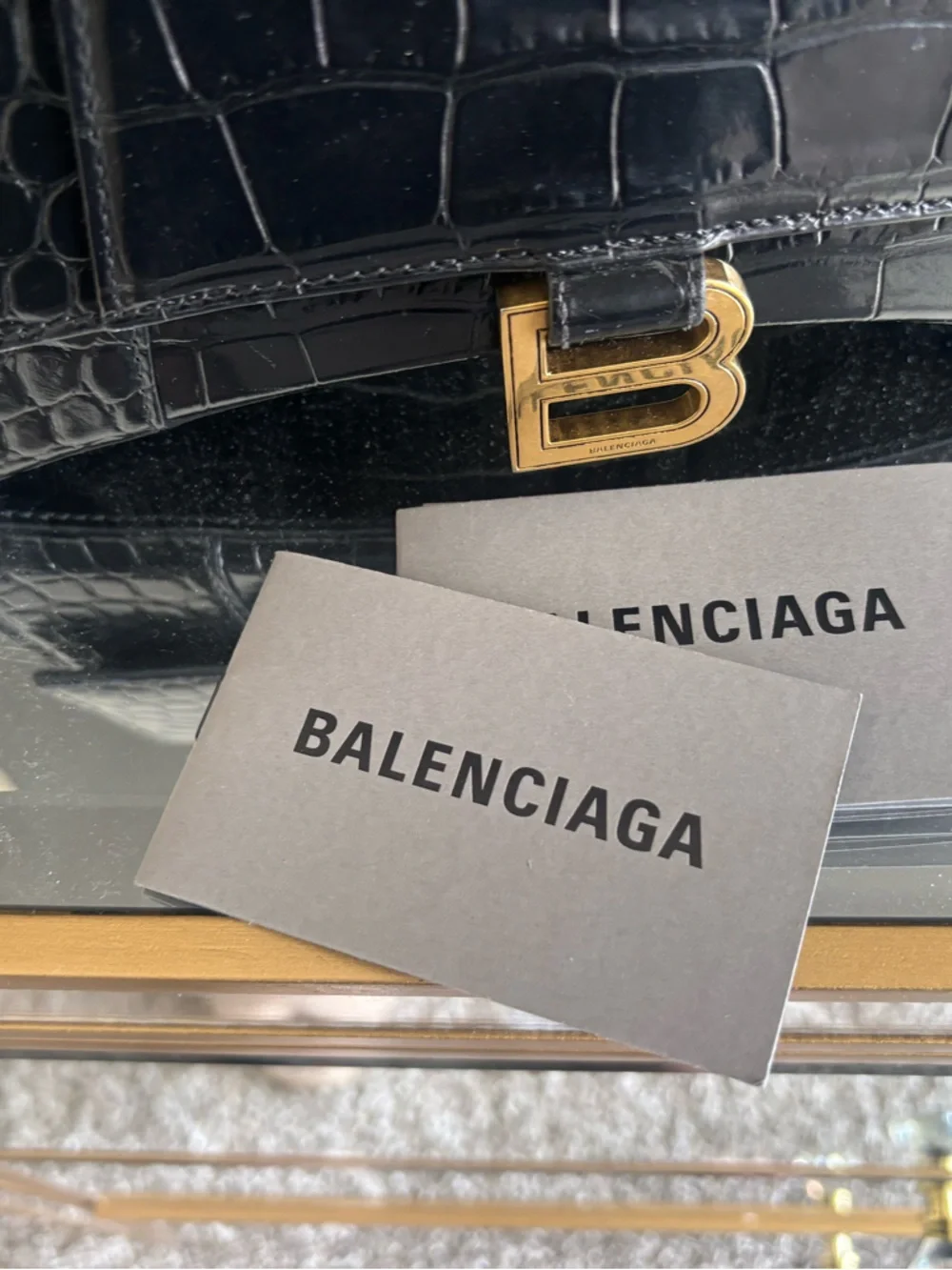 Balenciaga Black Croc Hourglass bag with Gold 'B' Clasp SMALL - Picture 3 of 5